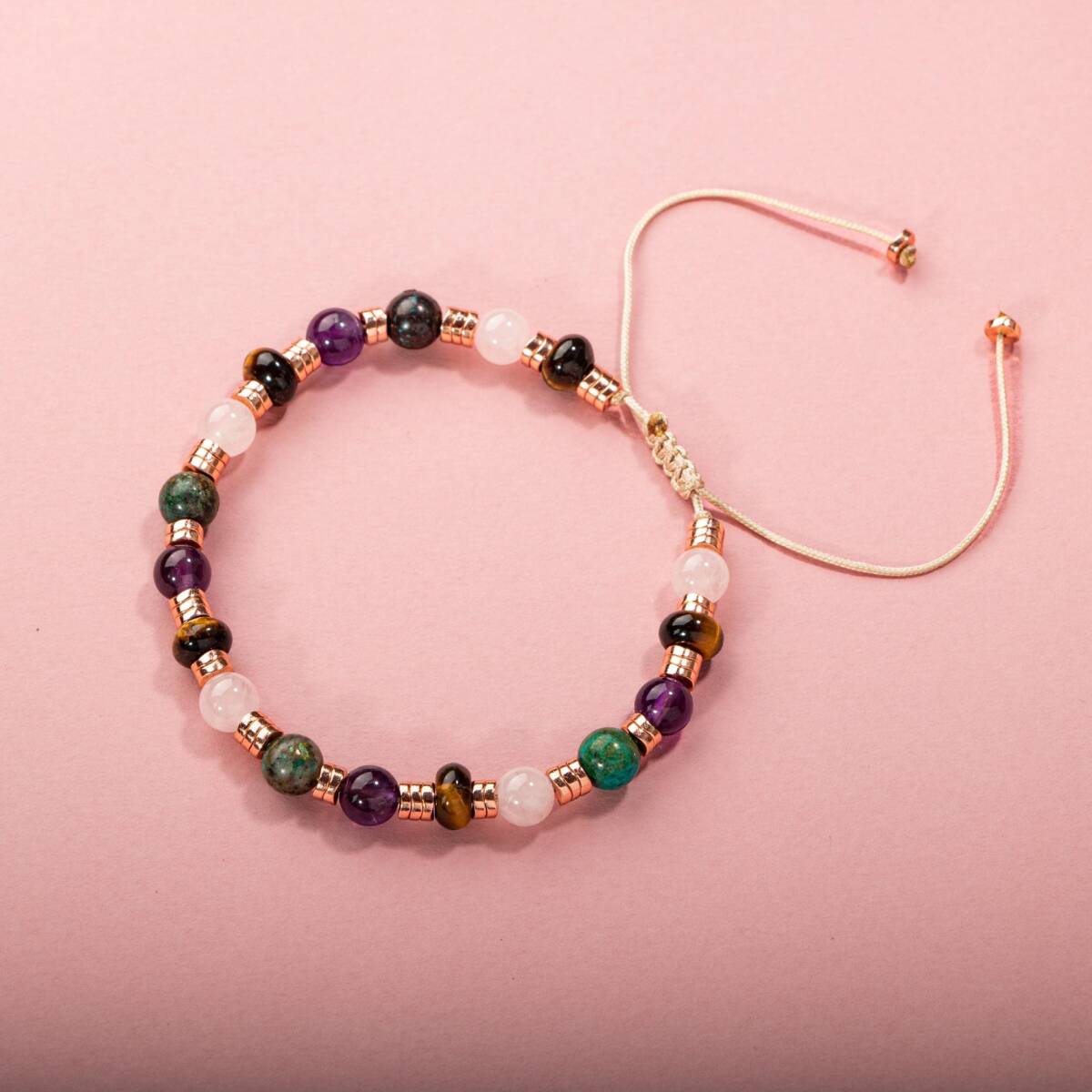Hematit-Pembe Kuvars-Krizokol-Ametist-Kaplan Gözü Doğal Taş Bileklik - 6