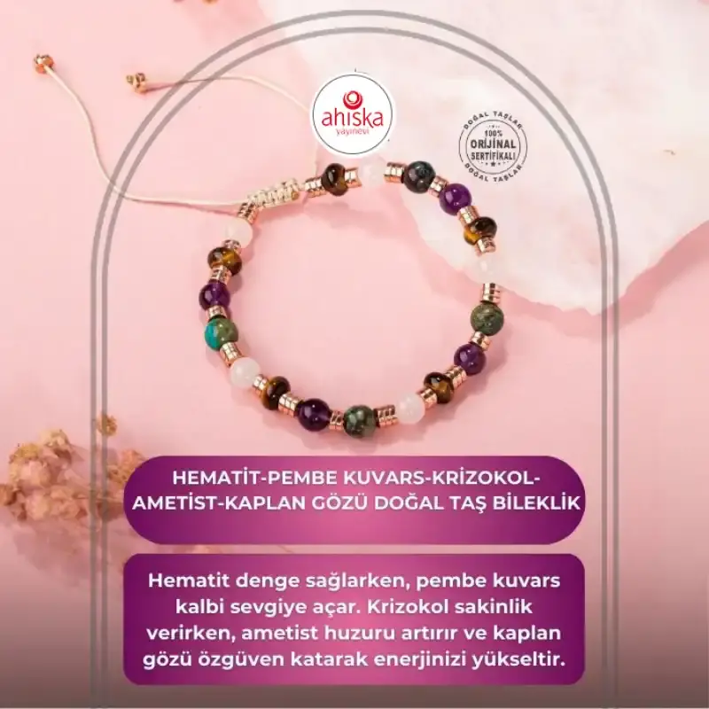 Hematit-Pembe Kuvars-Krizokol-Ametist-Kaplan Gözü Doğal Taş Bileklik - 1
