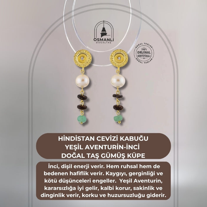 Hindistan Cevizi Kabuğu-Yeşil Aventurin-İnci Doğal Taş Gümüş Küpe - 2