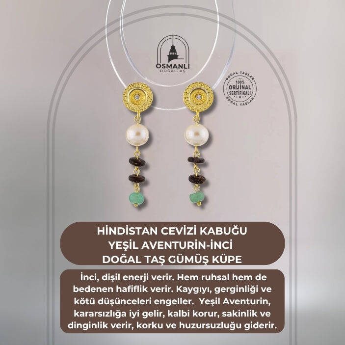 Hindistan Cevizi Kabuğu-Yeşil Aventurin-İnci Doğal Taş Gümüş Küpe - 2
