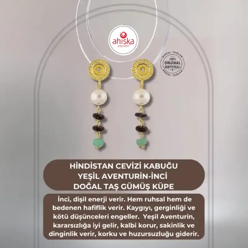 Hindistan Cevizi Kabuğu-Yeşil Aventurin-İnci Doğal Taş Gümüş Küpe - 1