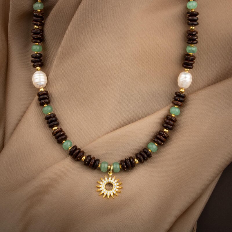 Hindistan Cevizi Kabuğu-Yeşil Aventurin-İnci Doğal Taş Gümüş Tasarım Kolye - 54cm - Doğal Taş