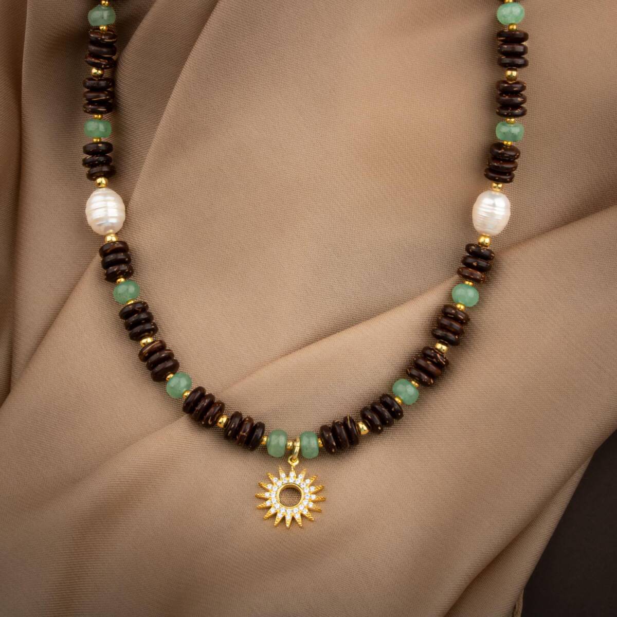 Hindistan Cevizi Kabuğu-Yeşil Aventurin-İnci Doğal Taş Gümüş Tasarım Kolye - 54cm - 1