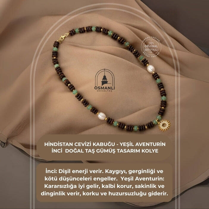 Hindistan Cevizi Kabuğu-Yeşil Aventurin-İnci Doğal Taş Gümüş Tasarım Kolye - 54cm - 2