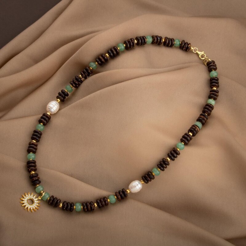 Hindistan Cevizi Kabuğu-Yeşil Aventurin-İnci Doğal Taş Gümüş Tasarım Kolye - 54cm - 3