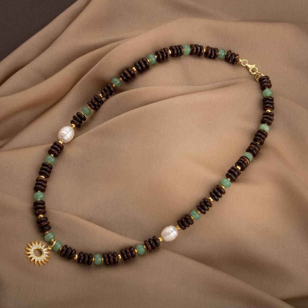 Hindistan Cevizi Kabuğu-Yeşil Aventurin-İnci Doğal Taş Gümüş Tasarım Kolye - 54cm - 3