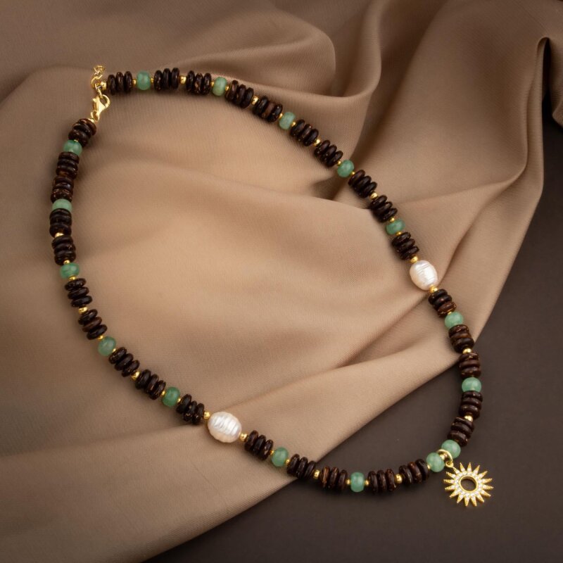 Hindistan Cevizi Kabuğu-Yeşil Aventurin-İnci Doğal Taş Gümüş Tasarım Kolye - 54cm - 4