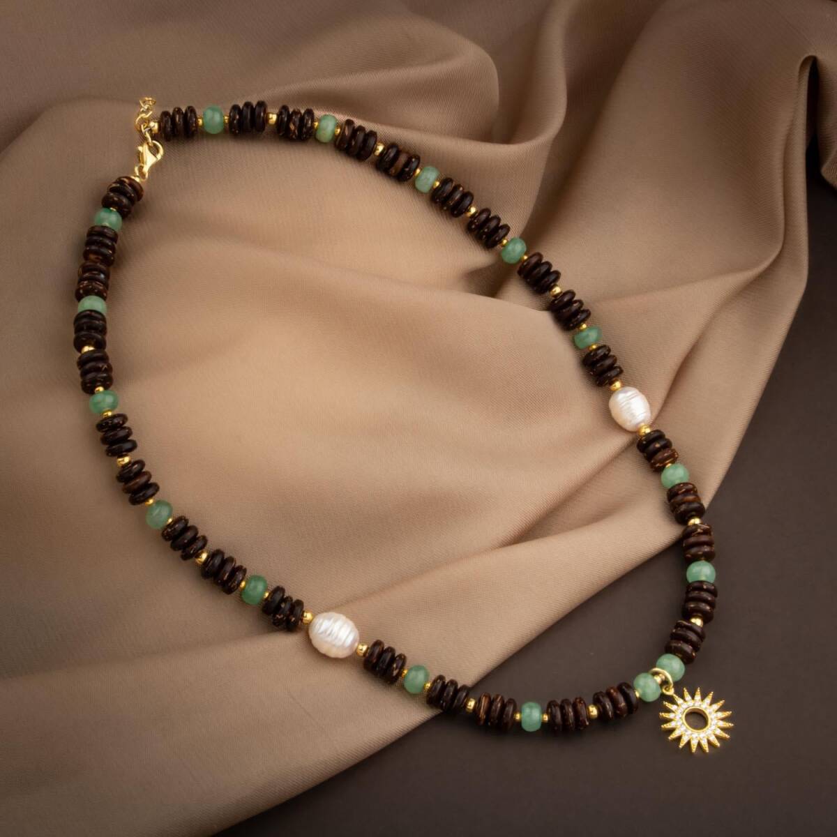 Hindistan Cevizi Kabuğu-Yeşil Aventurin-İnci Doğal Taş Gümüş Tasarım Kolye - 54cm - 4