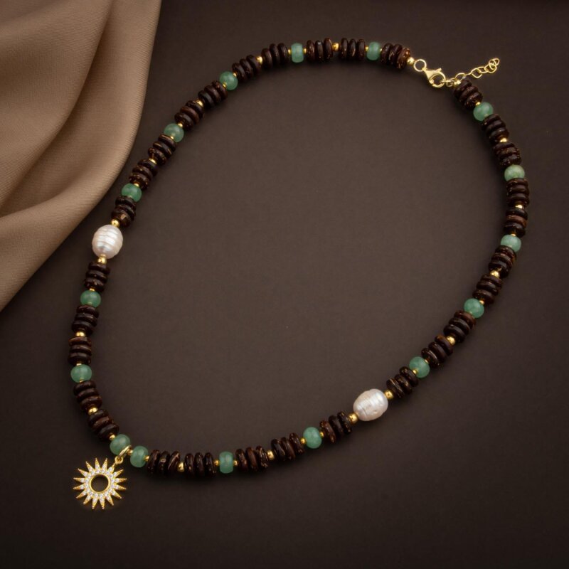 Hindistan Cevizi Kabuğu-Yeşil Aventurin-İnci Doğal Taş Gümüş Tasarım Kolye - 54cm - 5