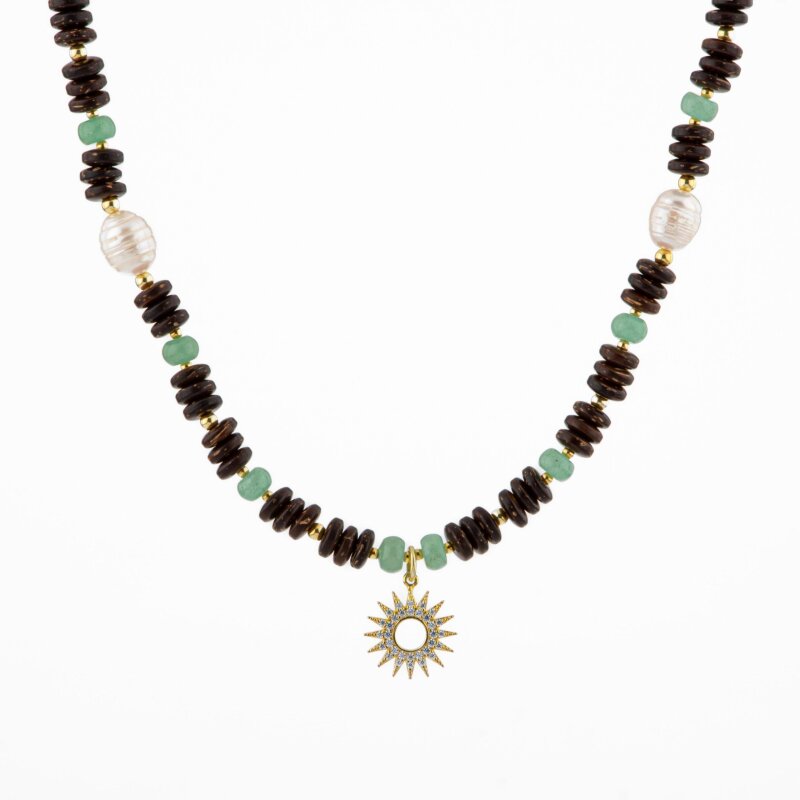 Hindistan Cevizi Kabuğu-Yeşil Aventurin-İnci Doğal Taş Gümüş Tasarım Kolye - 54cm - 6