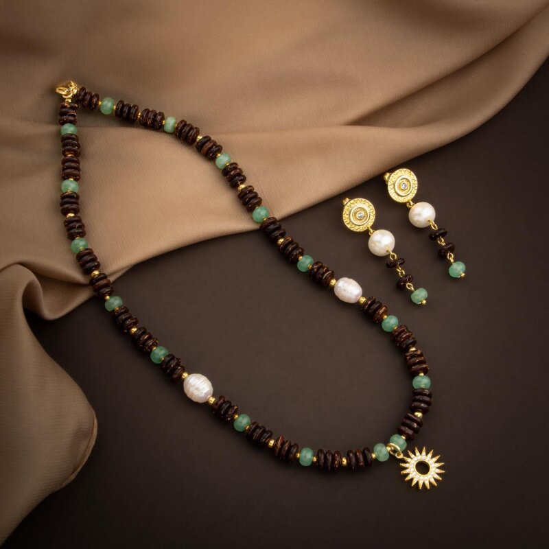 Hindistan Cevizi Kabuğu-Yeşil Aventurin-İnci Doğal Taş Gümüş Tasarım Kolye Küpe Seti - Doğal Taş