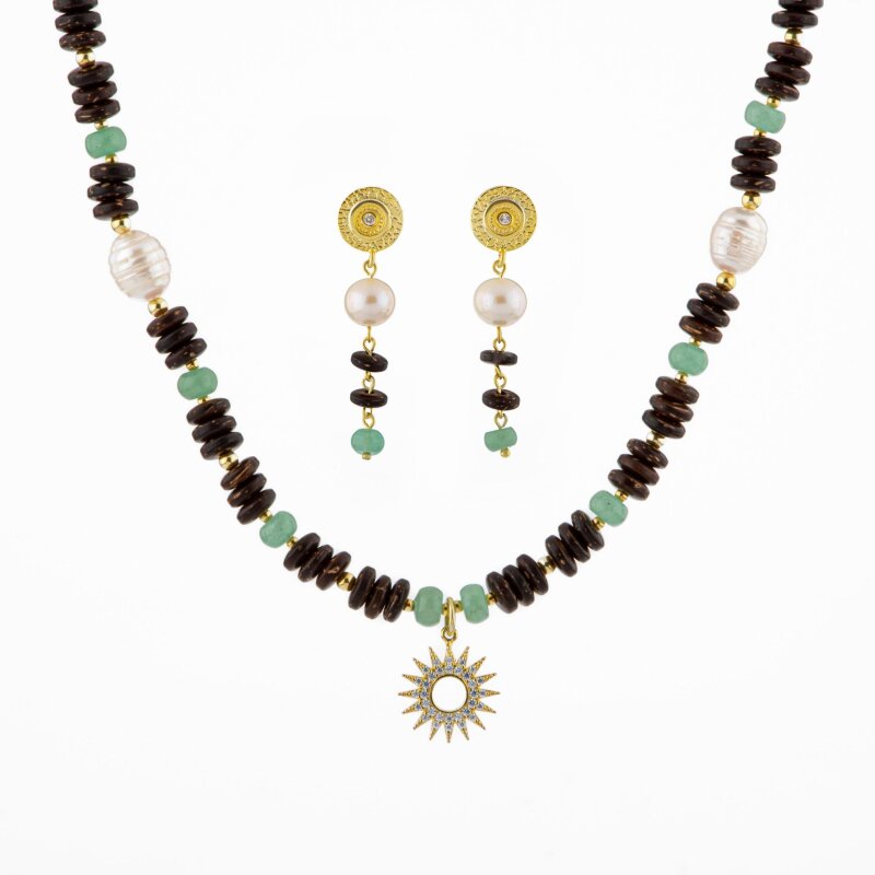 Hindistan Cevizi Kabuğu-Yeşil Aventurin-İnci Doğal Taş Gümüş Tasarım Kolye Küpe Seti - 2