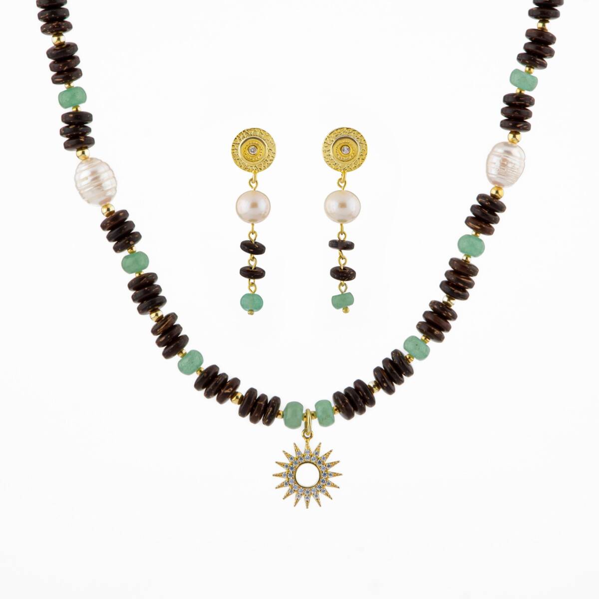 Hindistan Cevizi Kabuğu-Yeşil Aventurin-İnci Doğal Taş Gümüş Tasarım Kolye Küpe Seti - 2