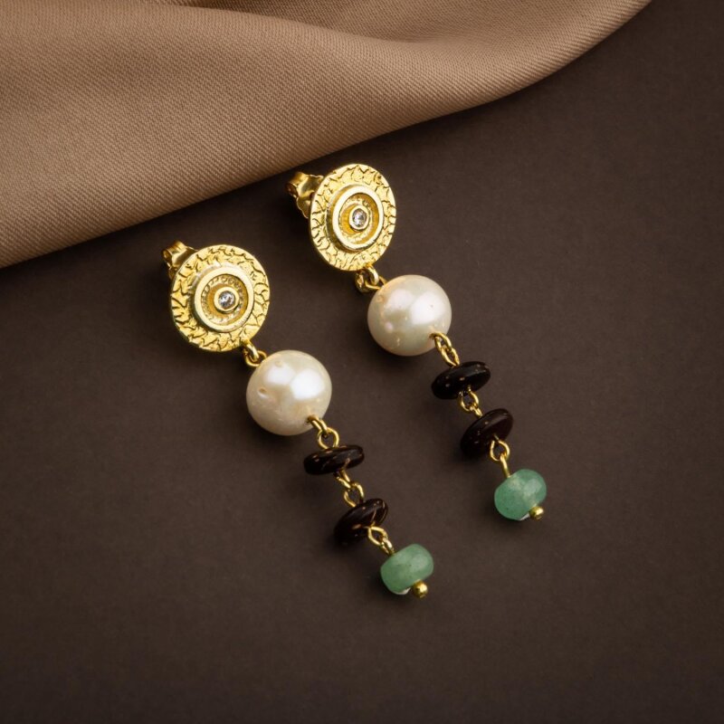 Hindistan Cevizi Kabuğu-Yeşil Aventurin-İnci Doğal Taş Gümüş Tasarım Kolye Küpe Seti - 3