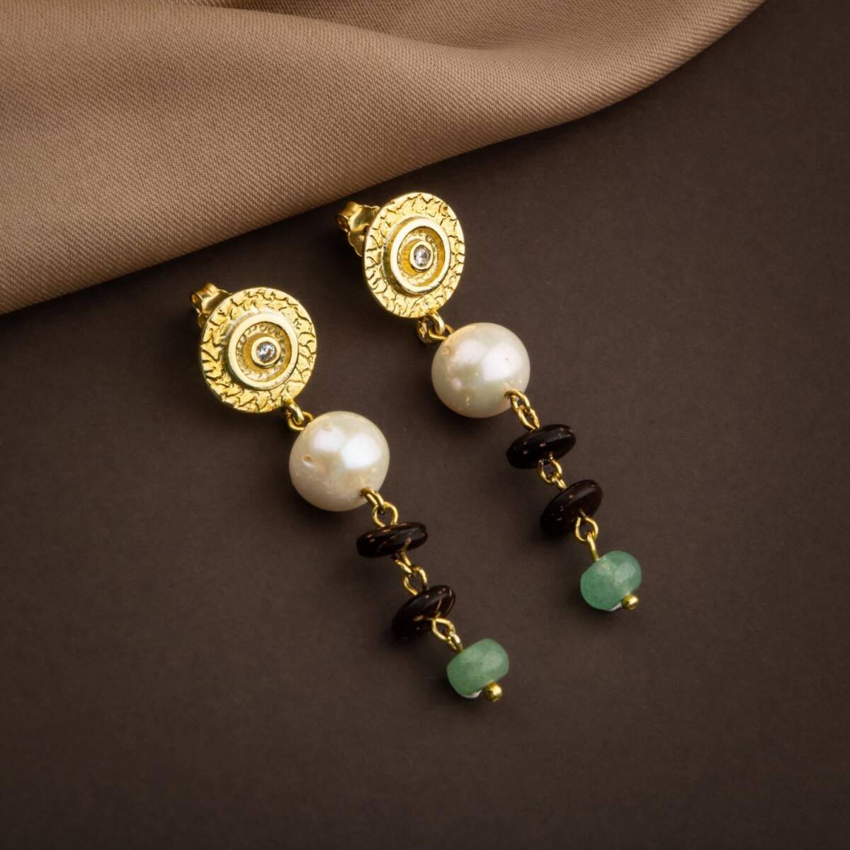 Hindistan Cevizi Kabuğu-Yeşil Aventurin-İnci Doğal Taş Gümüş Tasarım Kolye Küpe Seti - 3