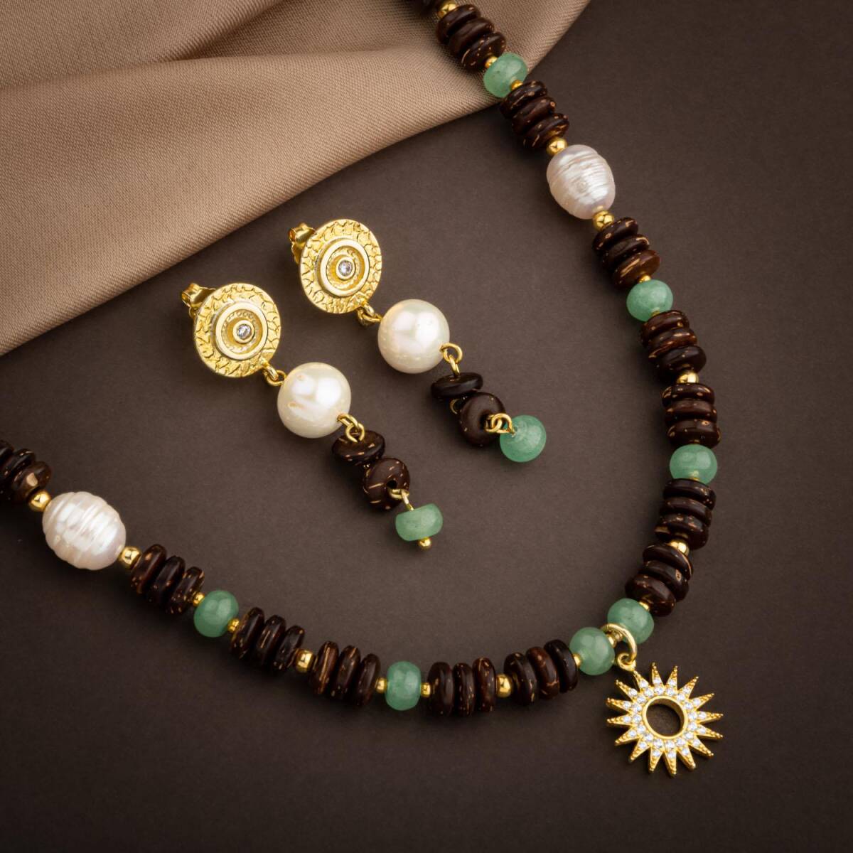 Hindistan Cevizi Kabuğu-Yeşil Aventurin-İnci Doğal Taş Gümüş Tasarım Kolye Küpe Seti - 4