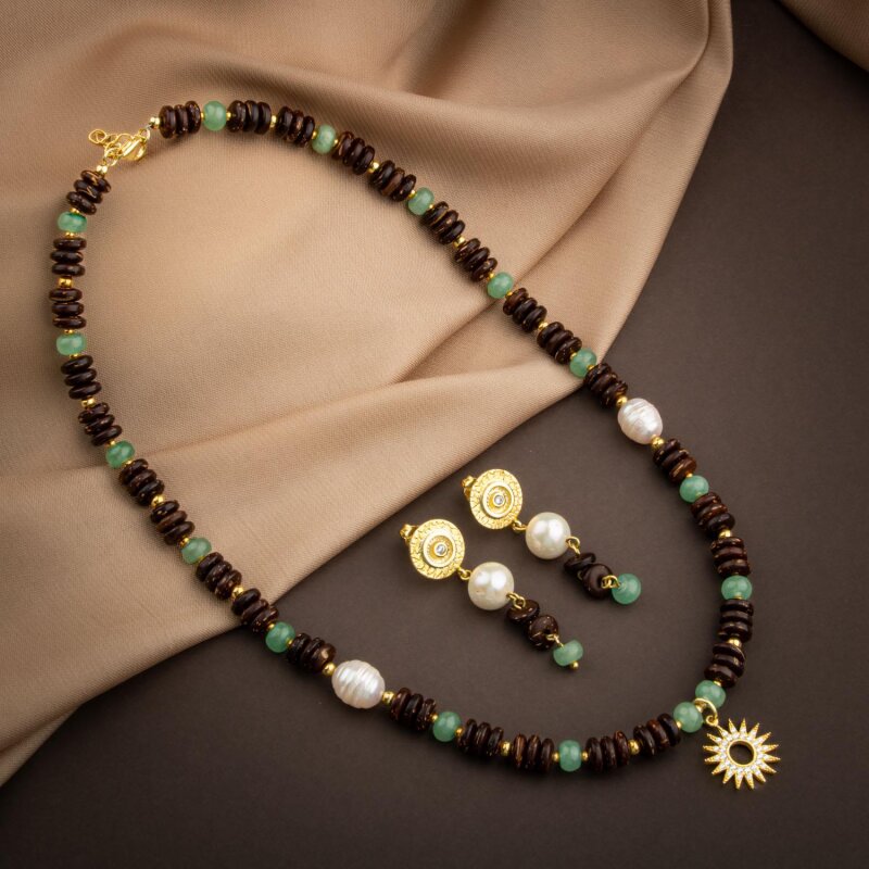 Hindistan Cevizi Kabuğu-Yeşil Aventurin-İnci Doğal Taş Gümüş Tasarım Kolye Küpe Seti - 5