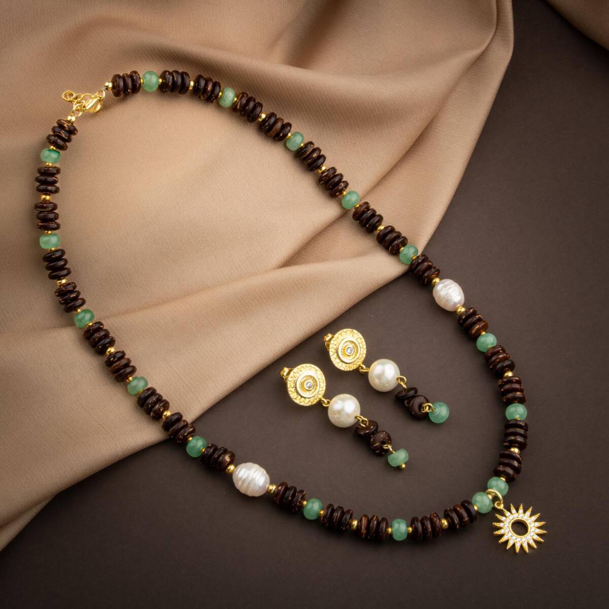 Hindistan Cevizi Kabuğu-Yeşil Aventurin-İnci Doğal Taş Gümüş Tasarım Kolye Küpe Seti - 5