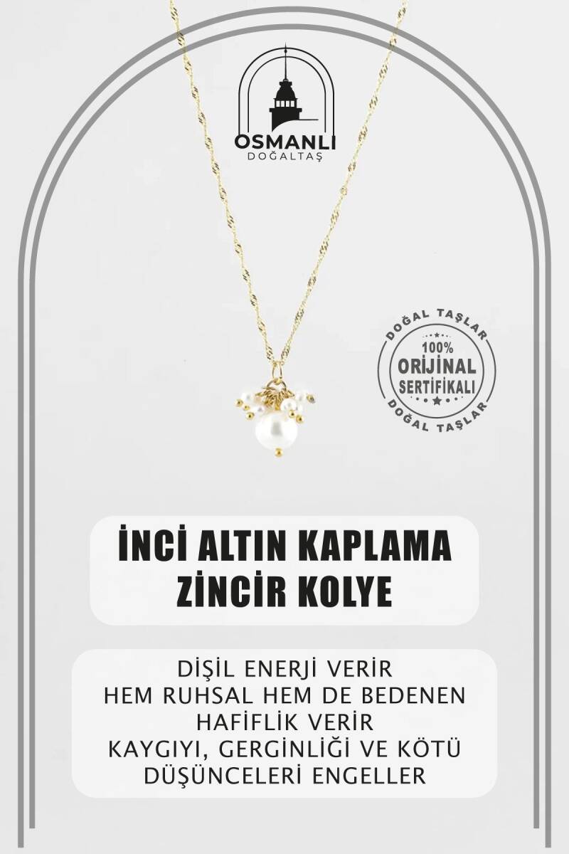İnci Altın Kaplama Zincir Doğal Taş Kolye - 1