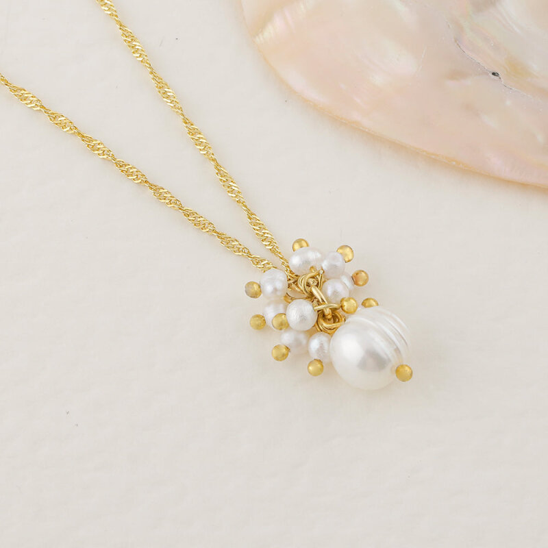 İnci Altın Kaplama Zincir Doğal Taş Kolye - 4