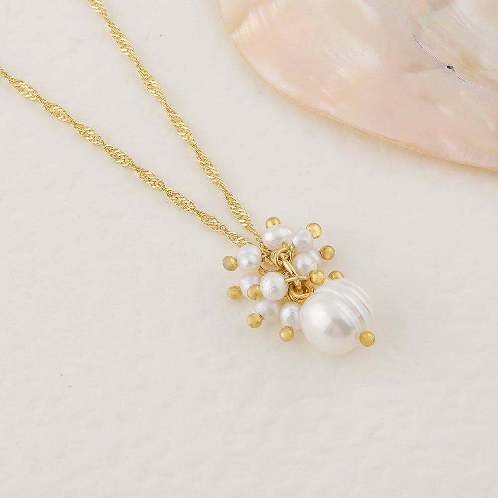 İnci Altın Kaplama Zincir Doğal Taş Kolye - 4