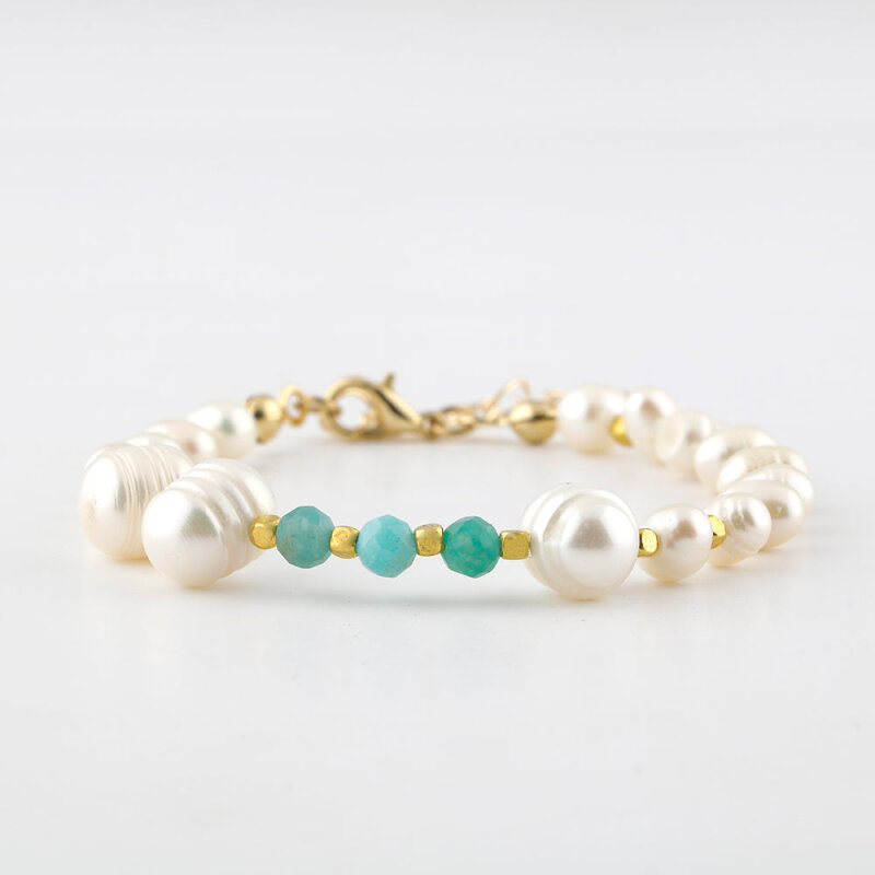 İnci-Amazonit Doğal Taş Altın Kaplama Kapama Bileklik - Doğal Taş
