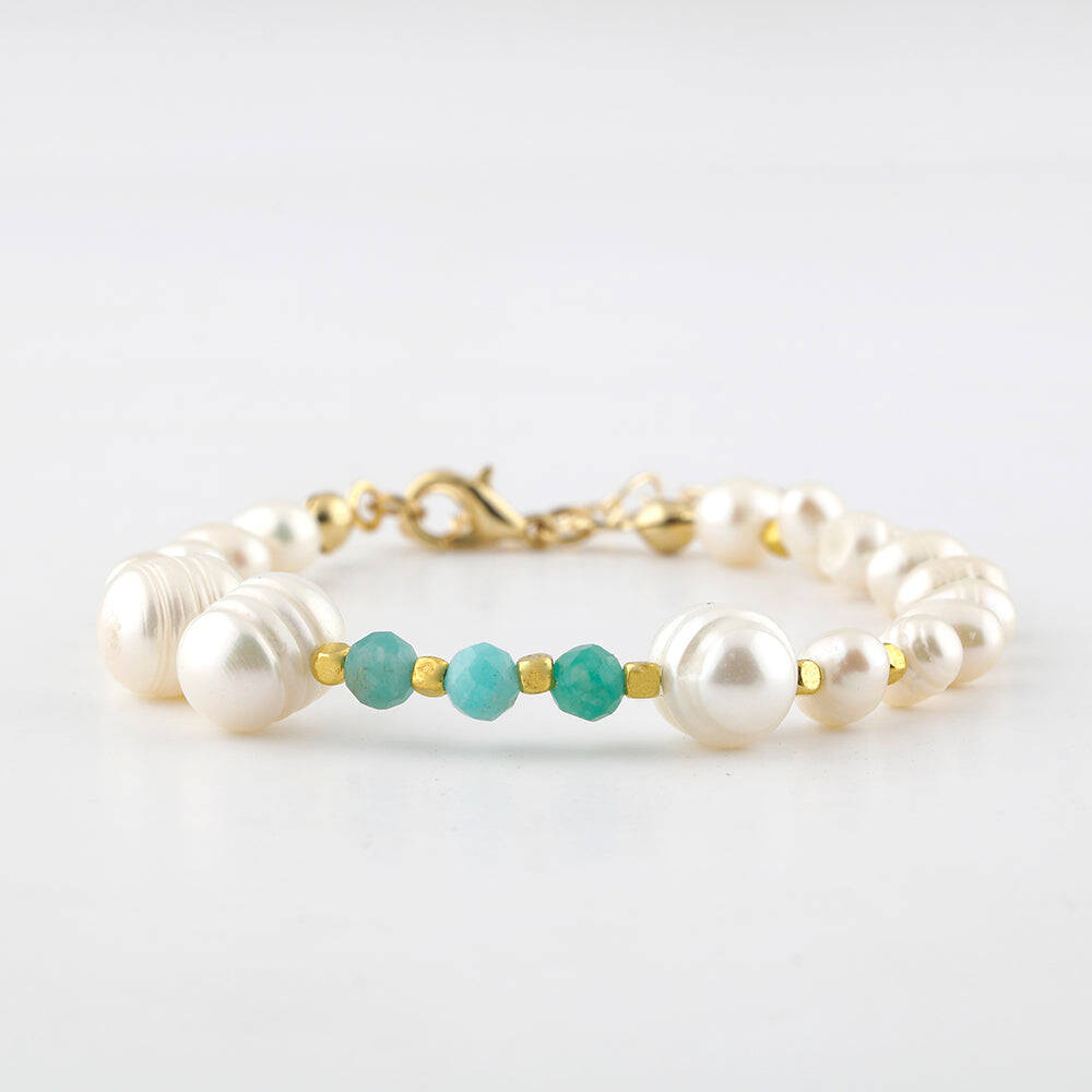 İnci-Amazonit Doğal Taş Altın Kaplama Kapama Bileklik - 1