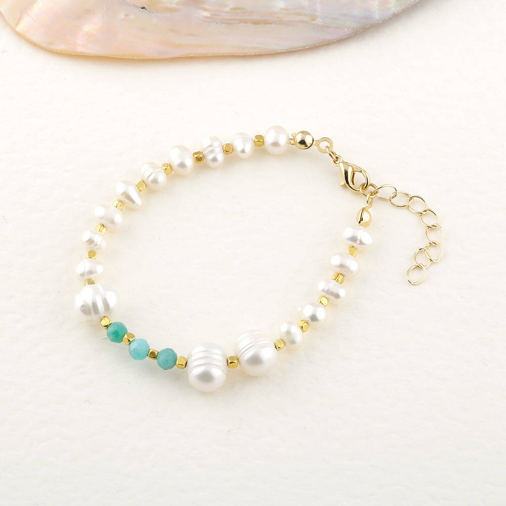 İnci-Amazonit Doğal Taş Altın Kaplama Kapama Bileklik - 2