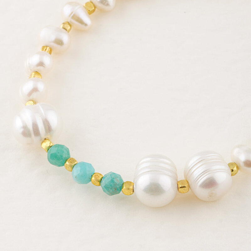 İnci-Amazonit Doğal Taş Altın Kaplama Kapama Bileklik - 3