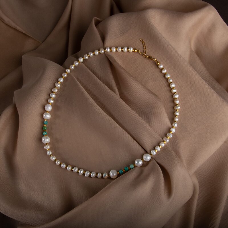 İnci-Amazonit Doğal Taş Altın Kaplama Kapama Kolye - Doğal Taş