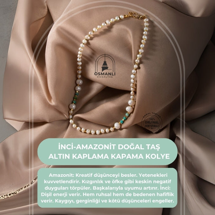 İnci-Amazonit Doğal Taş Altın Kaplama Kapama Kolye - 2
