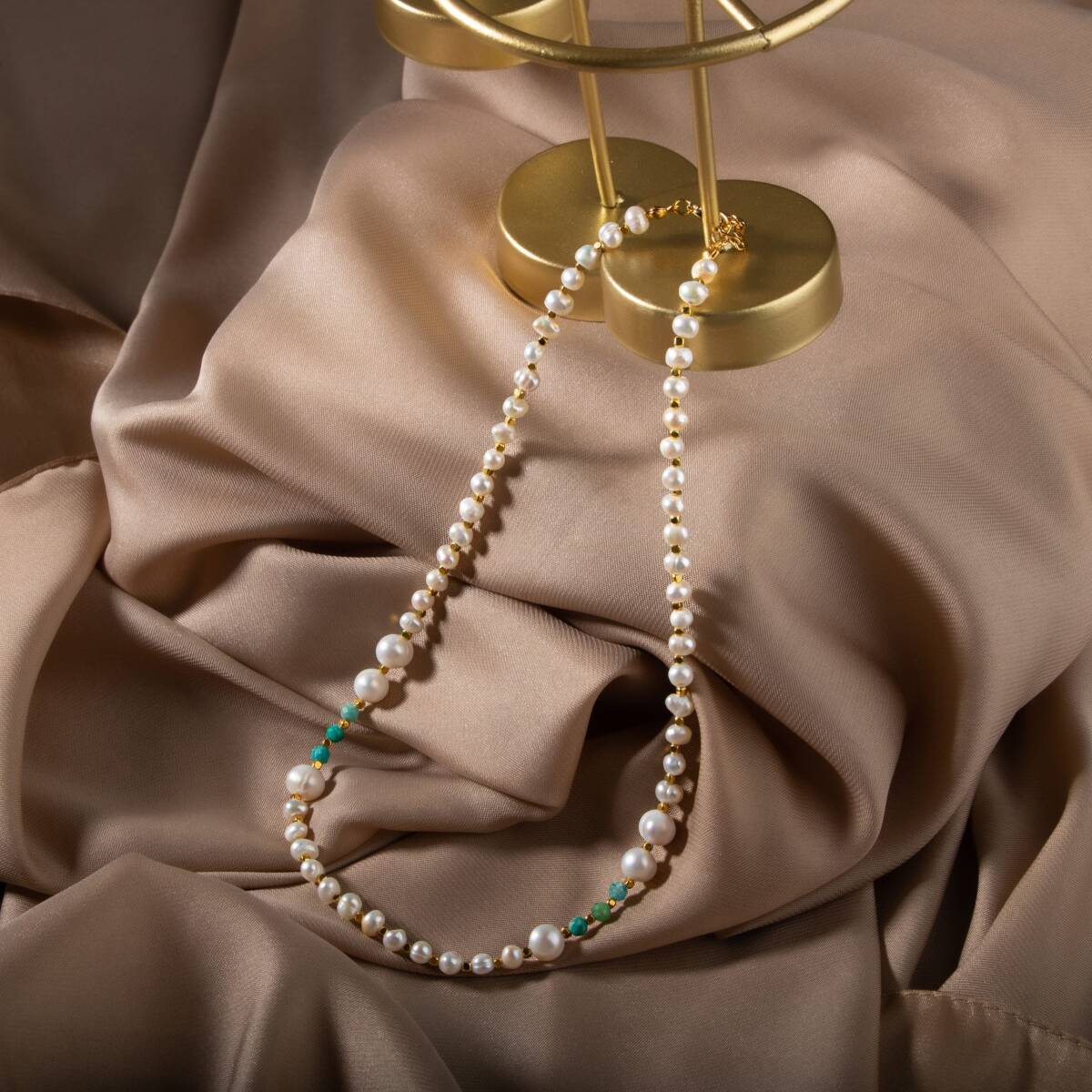 İnci-Amazonit Doğal Taş Altın Kaplama Kapama Kolye - 3