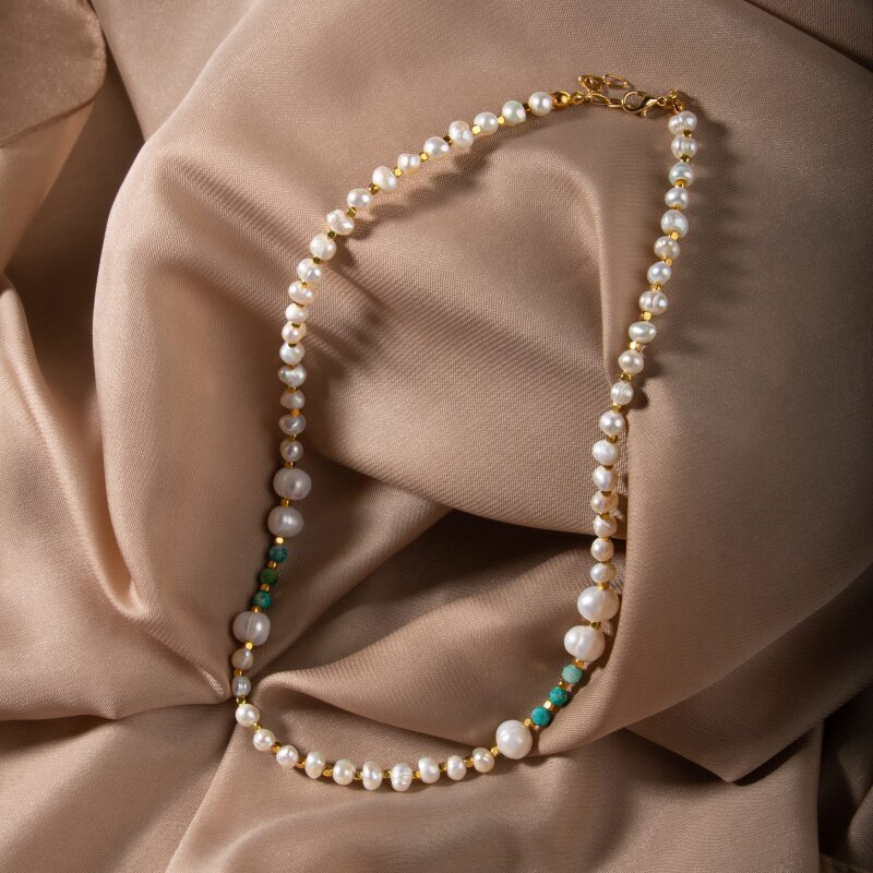 İnci-Amazonit Doğal Taş Altın Kaplama Kapama Kolye - 4