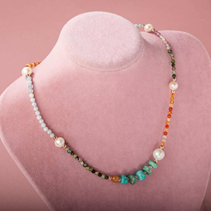 İnci-Amazonit-Turuncu Aventurin-Karnelyan Akik-Akuamarin-Renkli Turmalin-Krizopras Doğal Taş Kolye - Doğal Taş