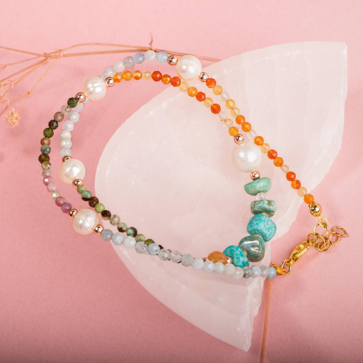 İnci-Amazonit-Turuncu Aventurin-Karnelyan Akik-Akuamarin-Renkli Turmalin-Krizopras Doğal Taş Kolye - 3