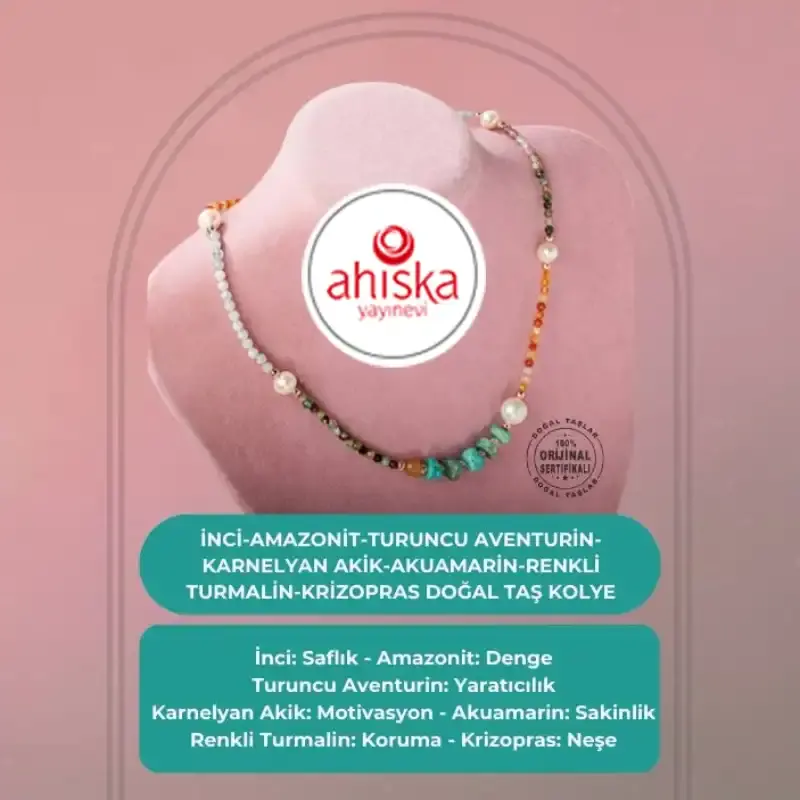 İnci-Amazonit-Turuncu Aventurin-Karnelyan Akik-Akuamarin-Renkli Turmalin-Krizopras Doğal Taş Kolye - 2