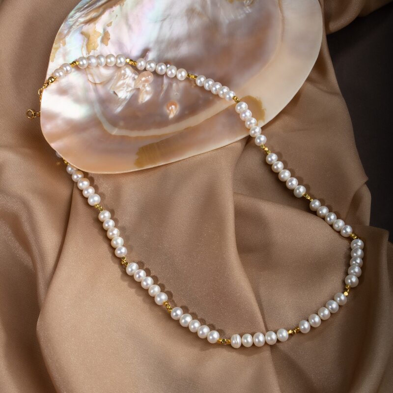 İnci Doğal Taş Altın Kaplama Kapama Kolye - Doğal Taş