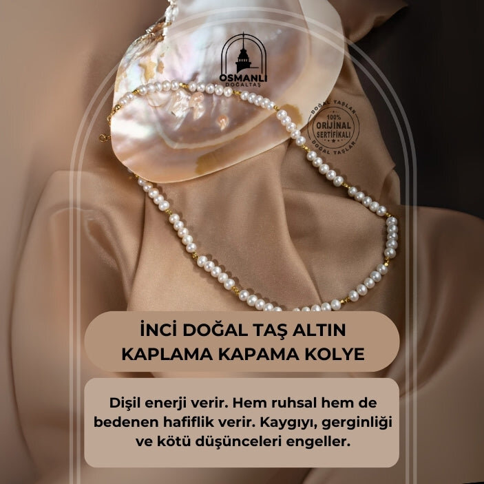 İnci Doğal Taş Altın Kaplama Kapama Kolye - 2