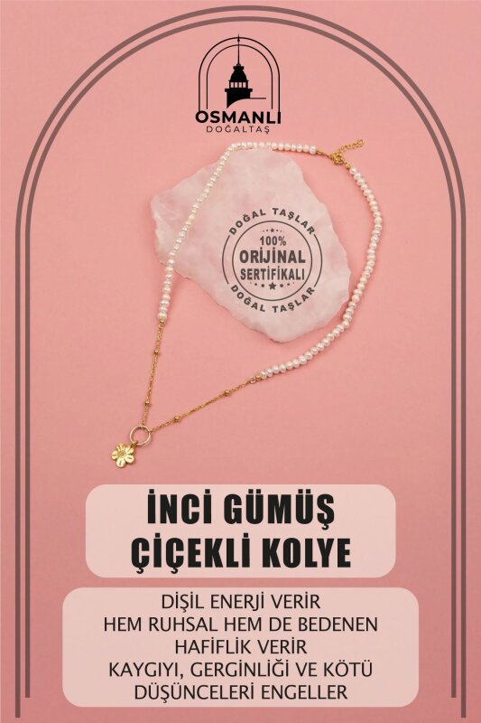 İnci Doğal Taş Gümüş Çiçekli Kolye - Doğal Taş
