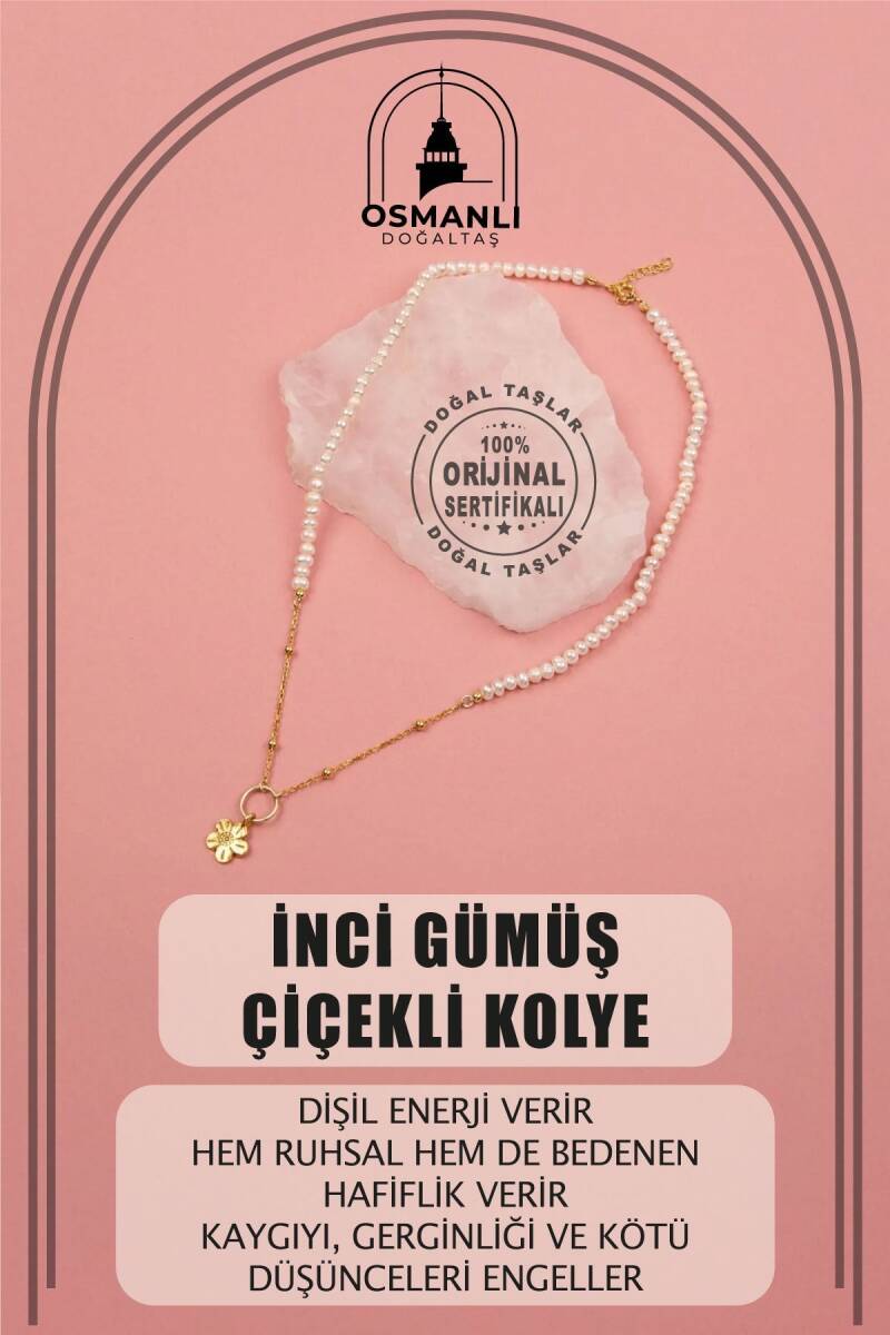 İnci Doğal Taş Gümüş Çiçekli Kolye - 1
