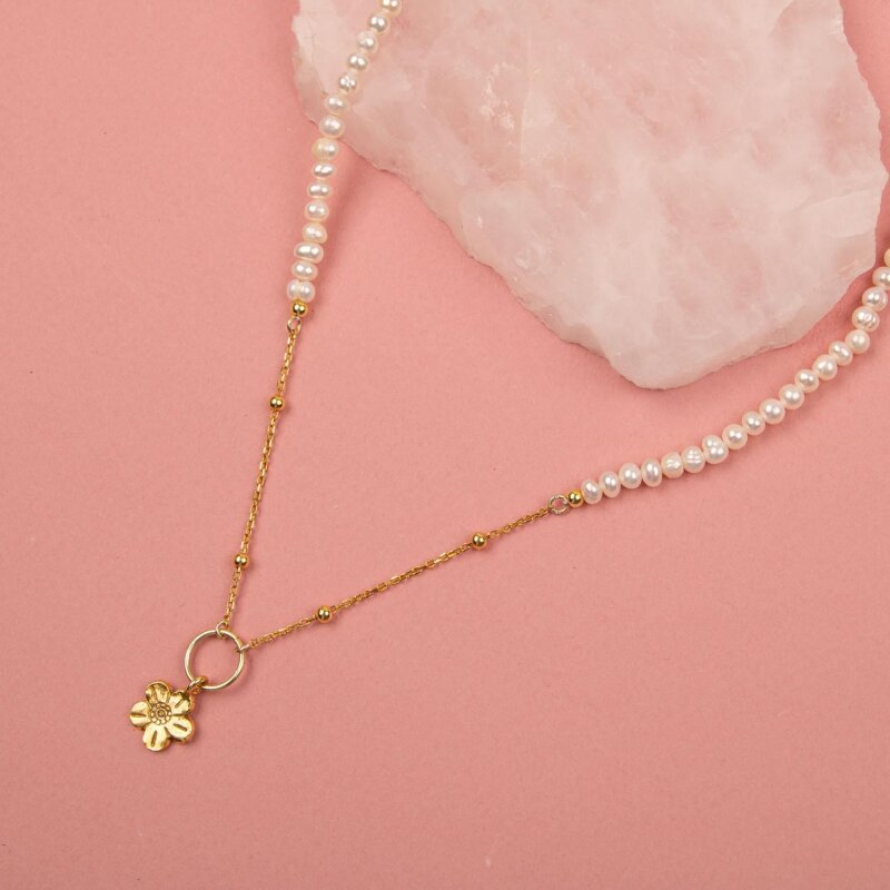 İnci Doğal Taş Gümüş Çiçekli Kolye - 3