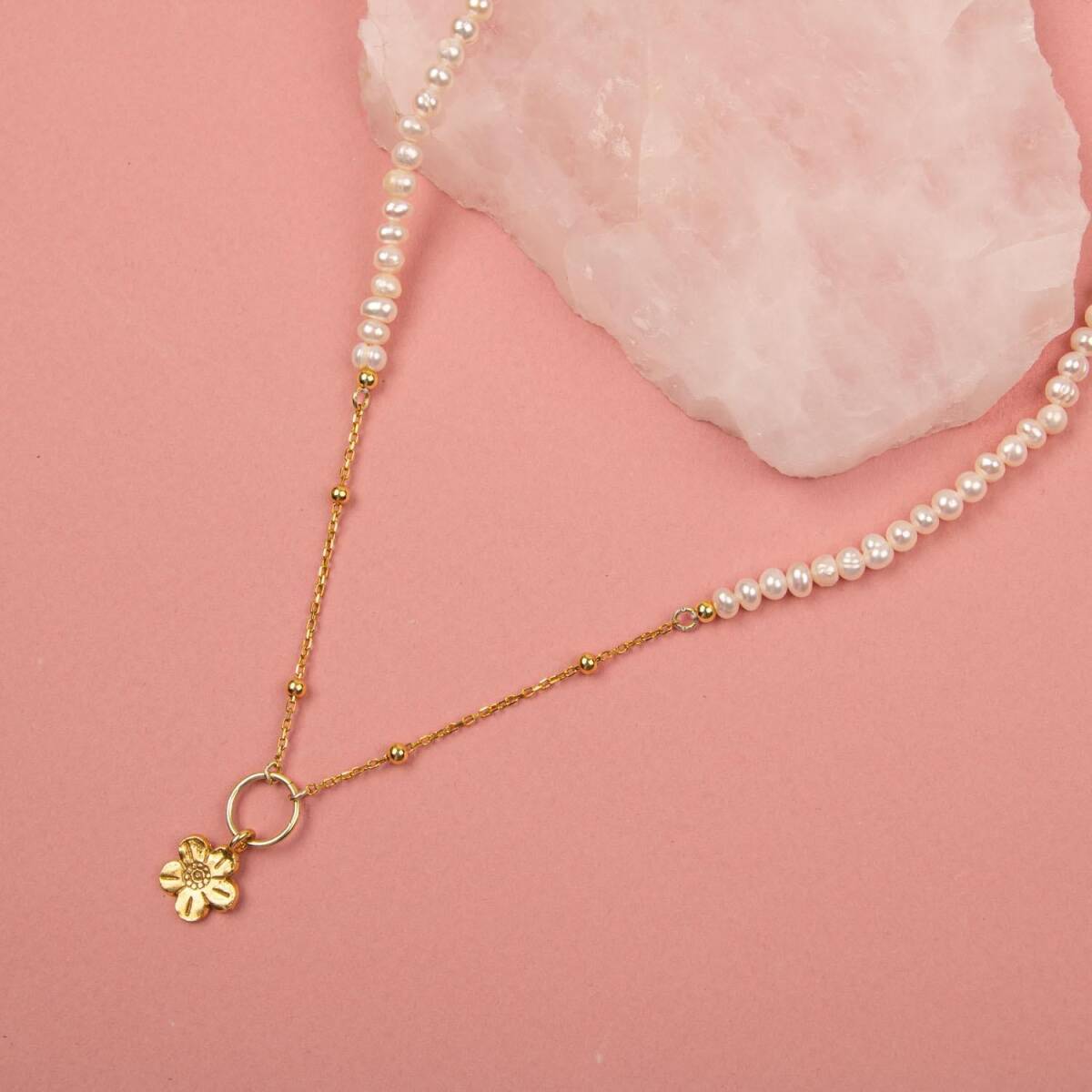 İnci Doğal Taş Gümüş Çiçekli Kolye - 3