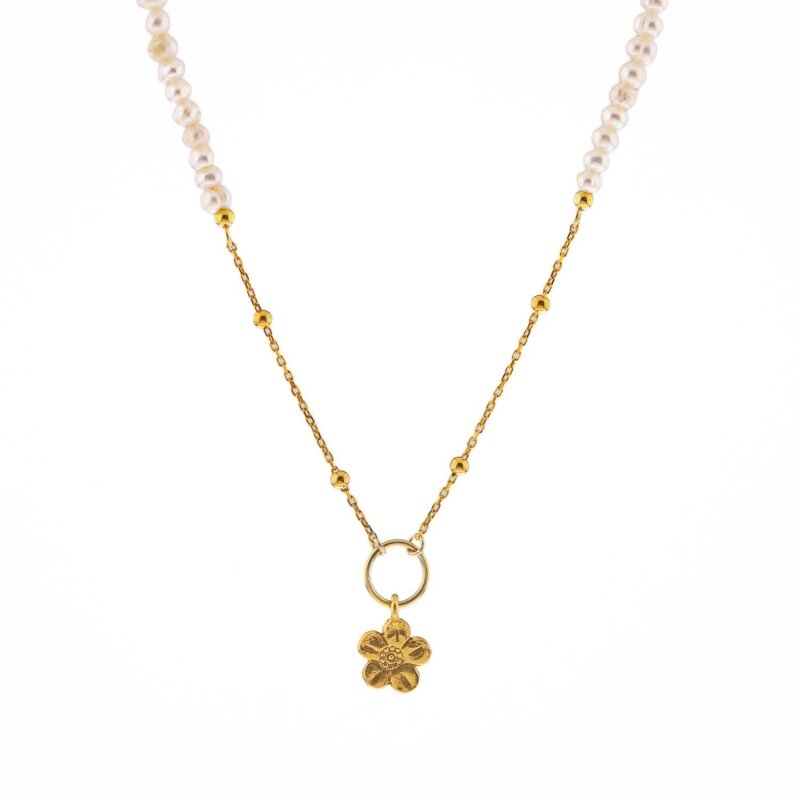 İnci Doğal Taş Gümüş Çiçekli Kolye - 4