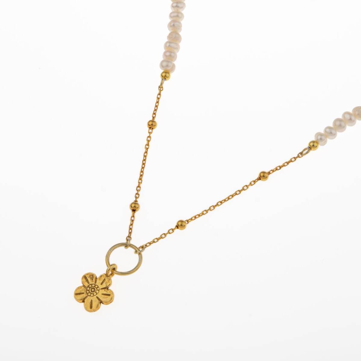 İnci Doğal Taş Gümüş Çiçekli Kolye - 5