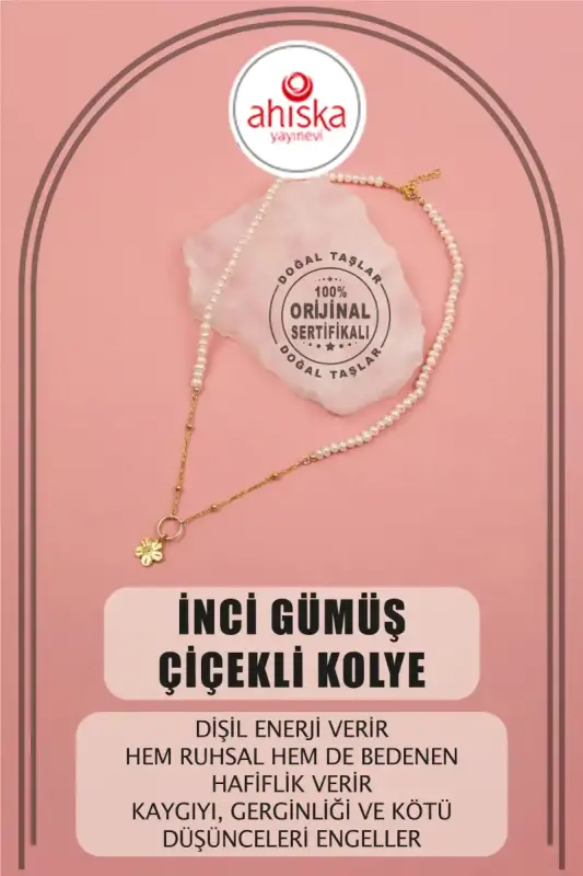 İnci Doğal Taş Gümüş Çiçekli Kolye - 1