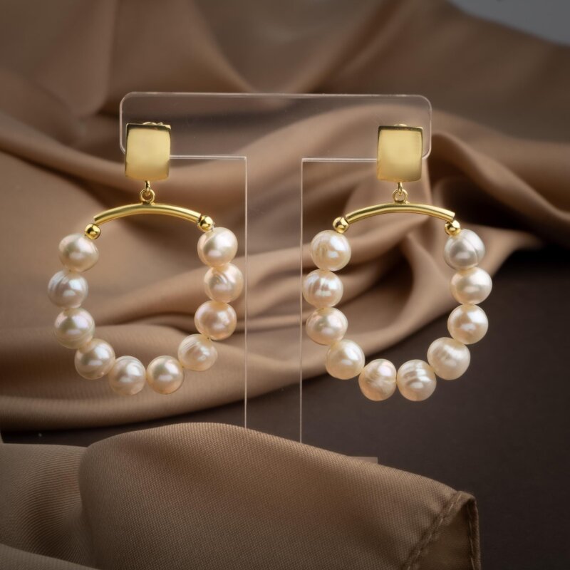 İnci Doğal Taş Gümüş Halka Küpe - Doğal Taş