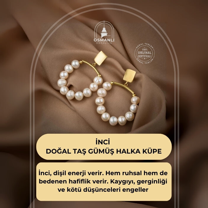 İnci Doğal Taş Gümüş Halka Küpe - 2