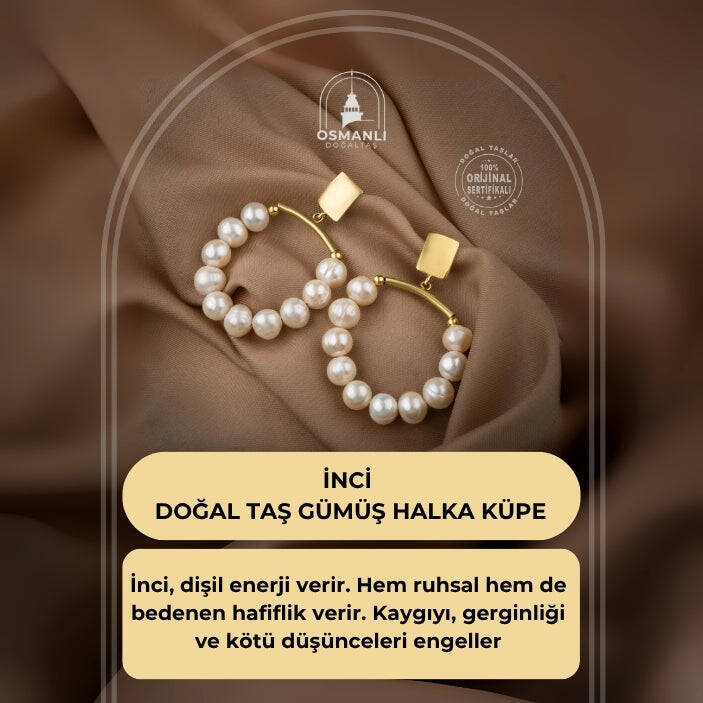 İnci Doğal Taş Gümüş Halka Küpe - 2