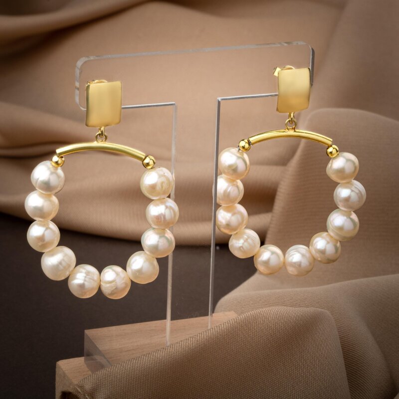 İnci Doğal Taş Gümüş Halka Küpe - 3