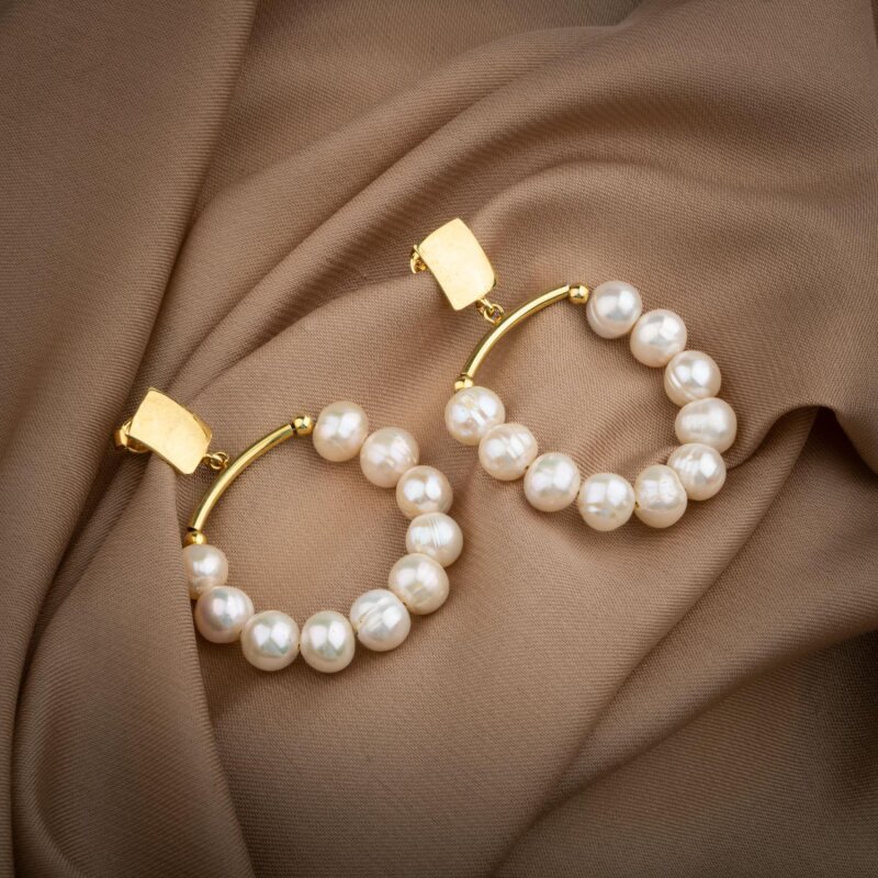 İnci Doğal Taş Gümüş Halka Küpe - 4